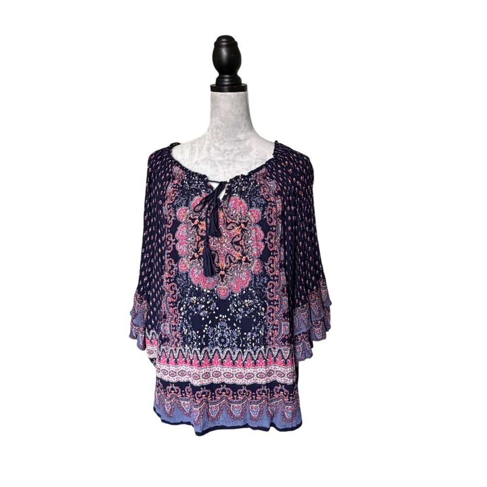 Bila Artsy Boho Paisley Rayon Tiered Ruffle Bell Sleeve Peasant Blouse XL